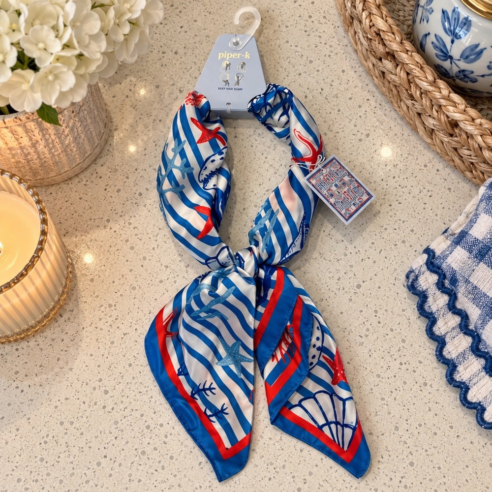 Piper K Silky Hair Scarf Nautical Starfish Anchor Striped Blue Red White NWT